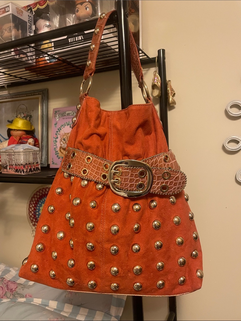 Kathy Van Zeeland Orange Studded Shoulder Bag